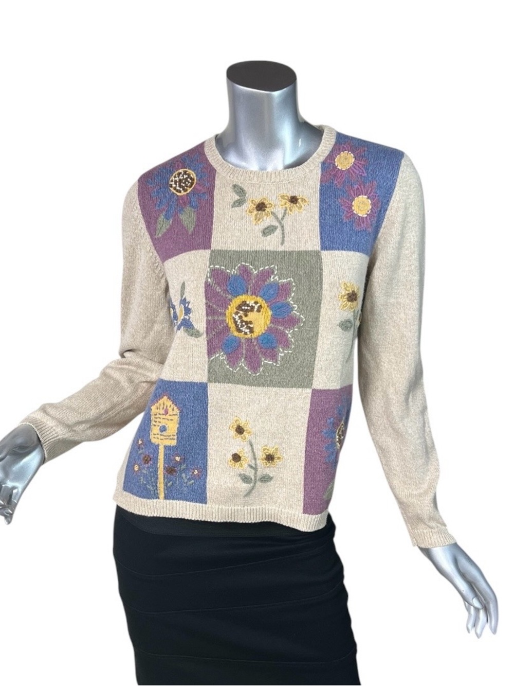 Vintage Alfred Dunner Sunflower Embroidery Sweater Ramie Cotton Blend Women’s PS